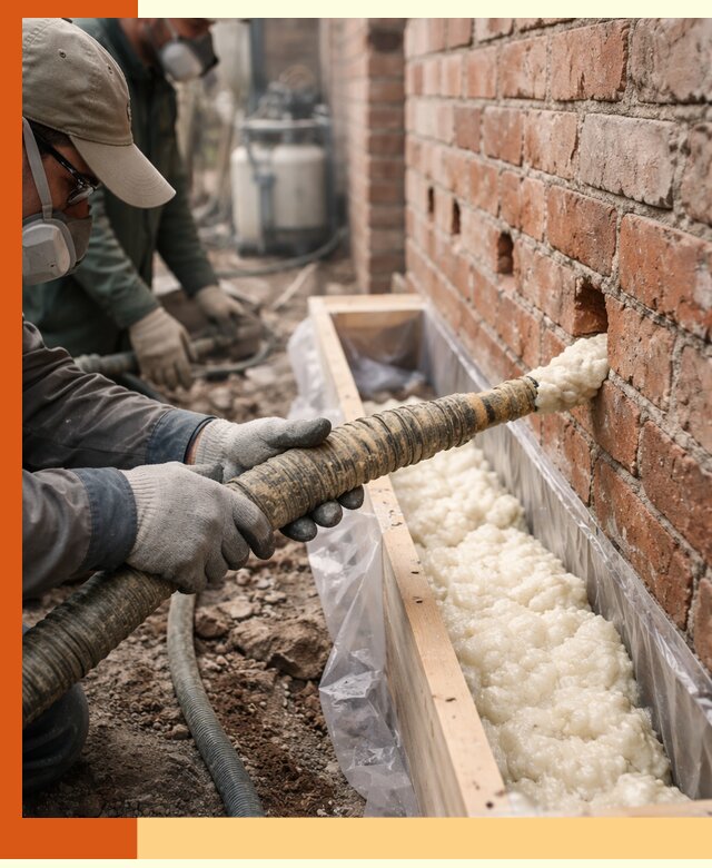 Заливка ППУ в пустоты кирпичной стены в Чистополе