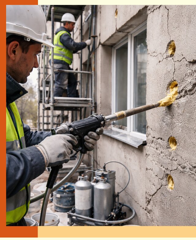 Заполнение пустот в фасаде и утепление стен в Чистополе